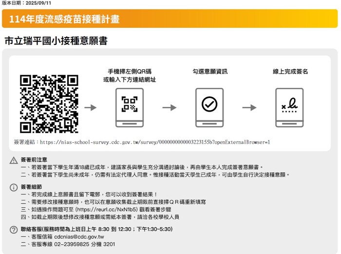 114學年度流感疫苗學生家長意願調查,即日起至114/10/5中午12:00止,請各位家長於期限內完成線上簽署圖片